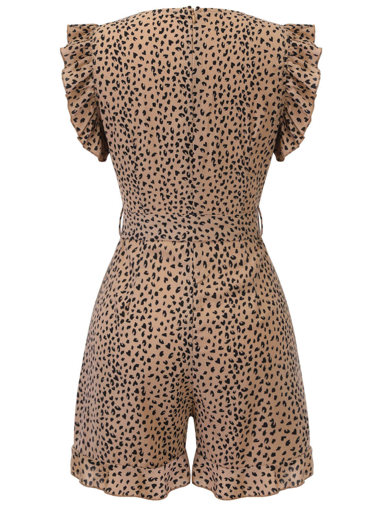 Back view: 1930s 1930s Leopard Print Mullet Sleeves V-neck Romper, perfect for retro themed parties, vintage fashion enthusiasts and special occasions
