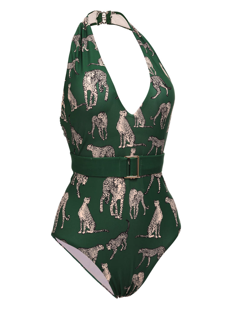 Green 1930s Jaguar Vintage Halter One-piece Swimsuit — vintage elegance for the modern woman