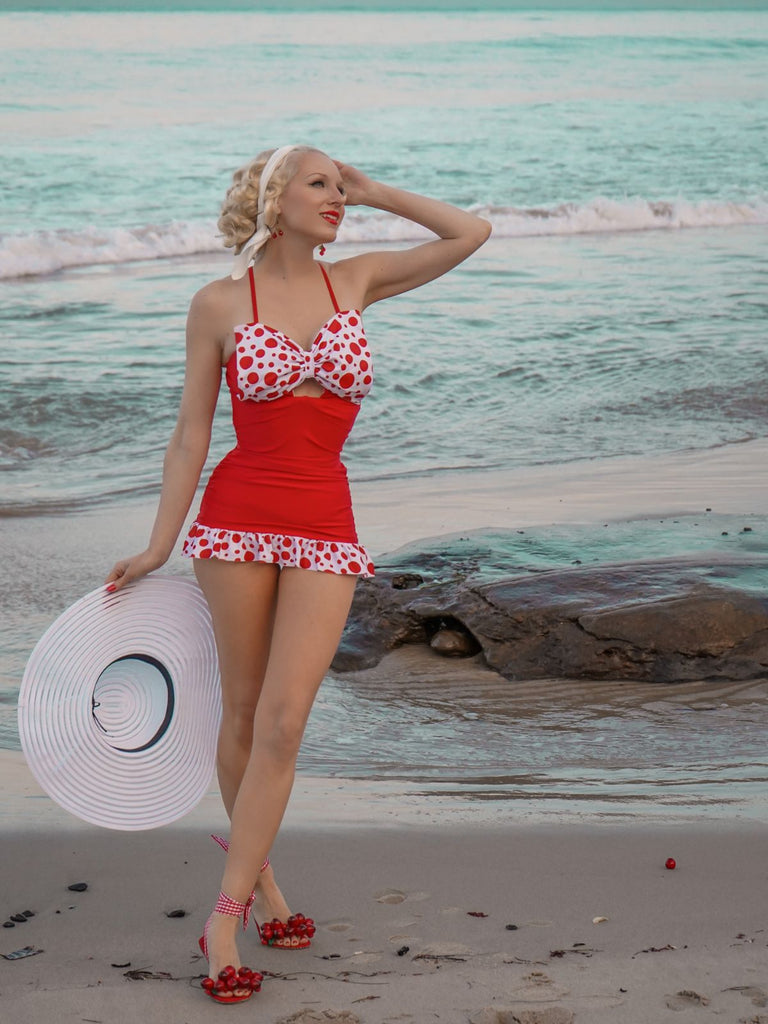 1930s Polka Dot Bowknot Patchwork Swimsuit — vintage elegance for the modern woman