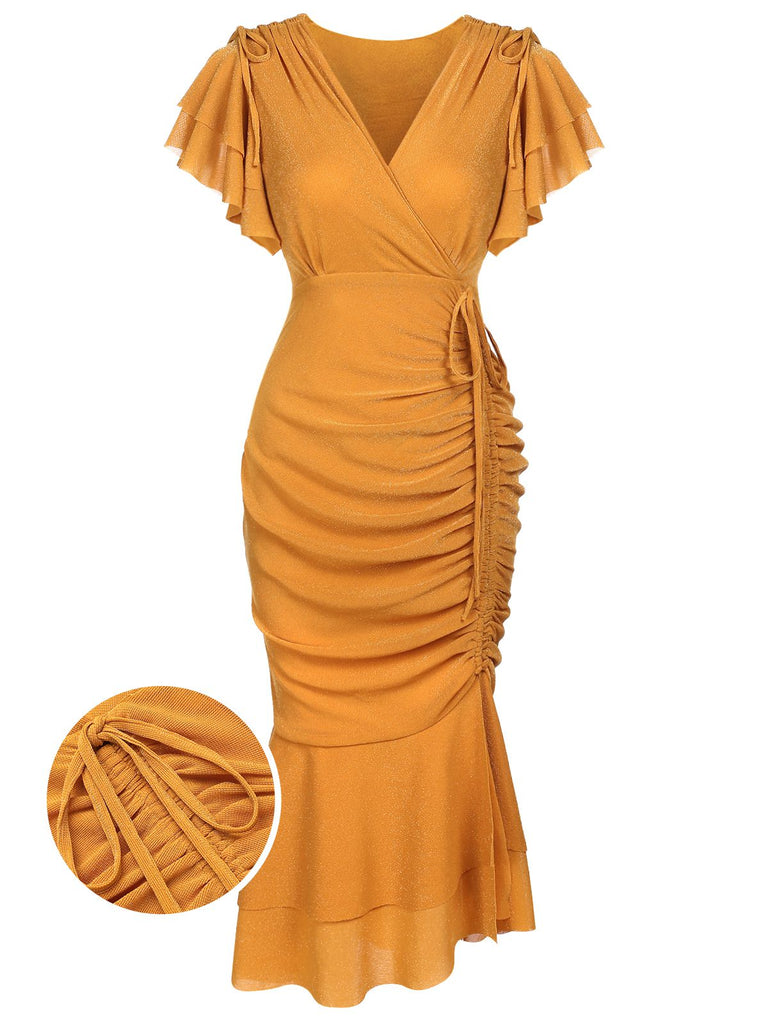 Retro Stage Mustard Yellow Ruched Bodycon Midi Dress | Figure-Hugging Cocktail Party Dress Retro Stage Mustard Yellow Ruched Bodycon Midi Dress | Figure-Hugging Cocktail Party Dress