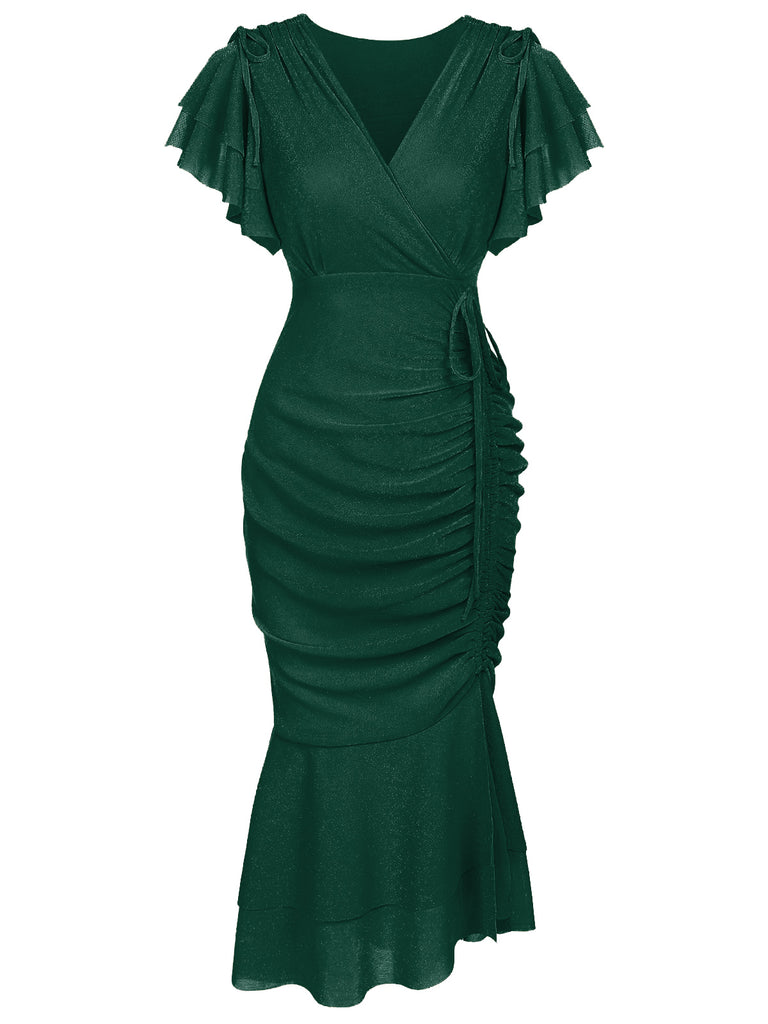 Retro Stage Ruffle Lace-up Fishtail Dress Dark Green Retro Stage Ruffle Lace-up Fishtail Dress Dark Green