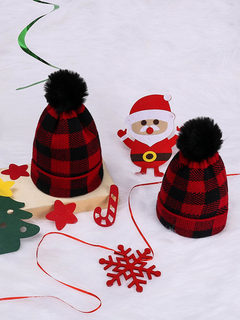 Red & Black Plaid Hairball Knitted Child Hat