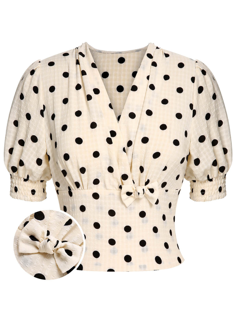 Beige 1940s Dots Bowknot V-Neck Blouse, vintage top, retro blouse - perfect for women who love vintage and retro fashion