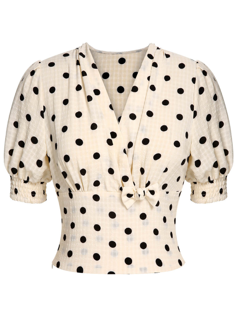 Beige 1940s Dots Bowknot V-Neck Blouse, vintage top, retro blouse - perfect for women who love vintage and retro fashion