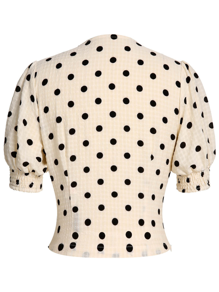Beige 1940s Dots Bowknot V-Neck Blouse, vintage top, retro blouse - perfect for women who love vintage and retro fashion