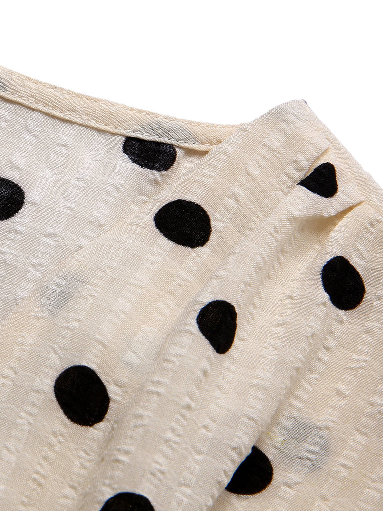 Beige 1940s Dots Bowknot V-Neck Blouse, vintage top, retro blouse - perfect for women who love vintage and retro fashion