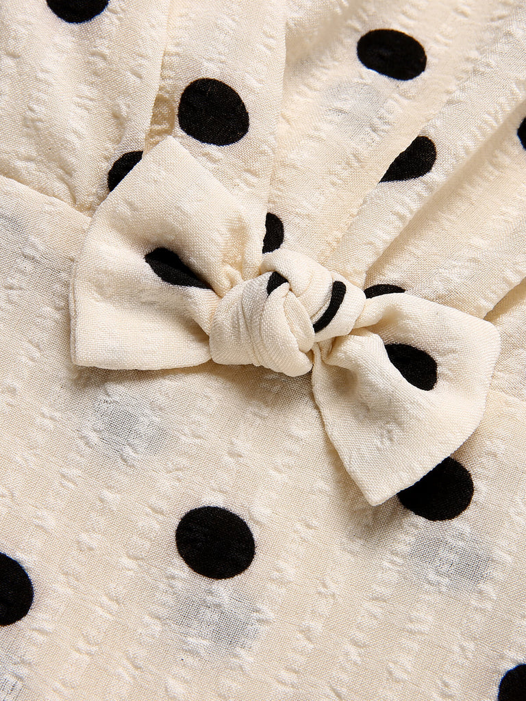 Beige 1940s Dots Bowknot V-Neck Blouse, vintage top, retro blouse - perfect for women who love vintage and retro fashion