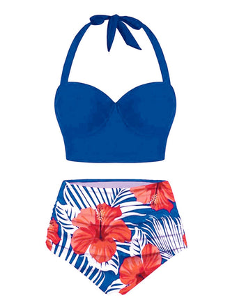 1940s Halter Flowers Pleated Bikini Set: timeless style reimagined