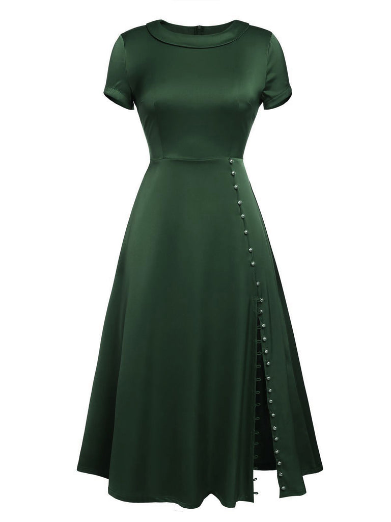 Retro Stage Solid Pearl Buttons Slit Dress Green