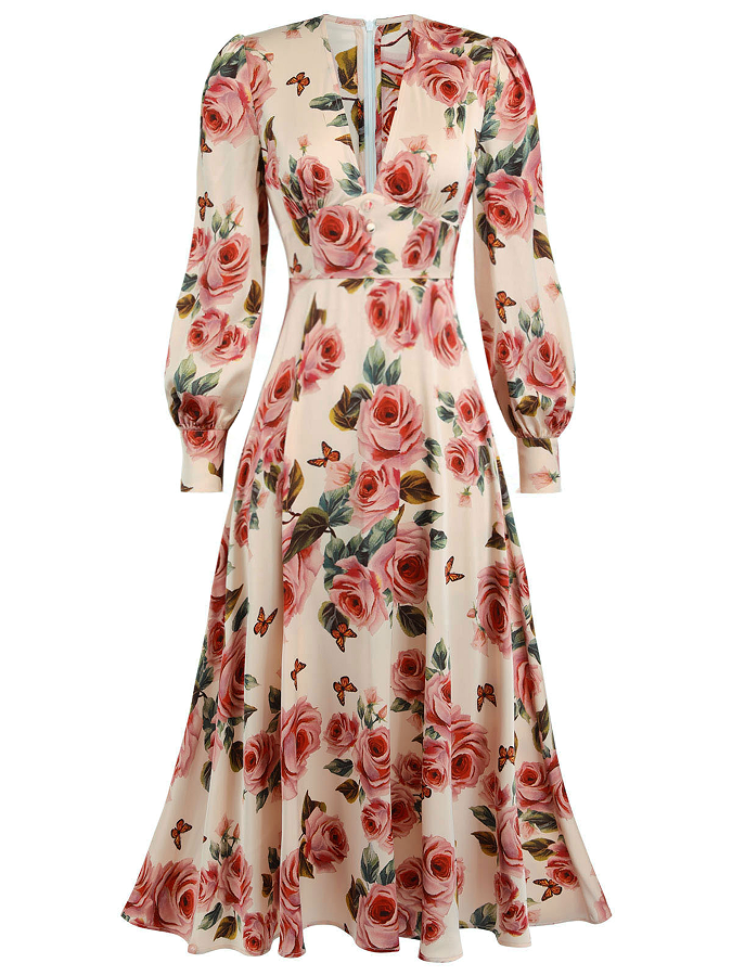 Retro Stage Vintage Elegant Floral Rose V-Neck Long Sleeves Dress Pink