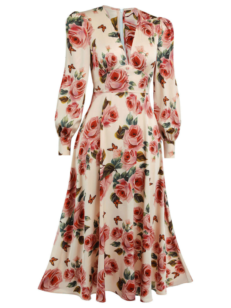 Elegant Vintage V-neck Long Sleeve Floral Midi Dress Pink