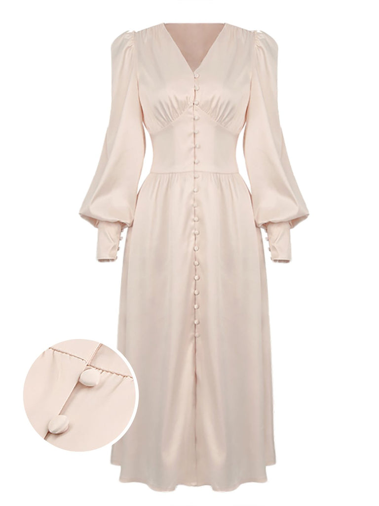 Retro Stage Vintage Silk Solid Long Sleeve Button Tea Dress Beige Retro Stage Vintage Silk Solid Long Sleeve Button Tea Dress Beige