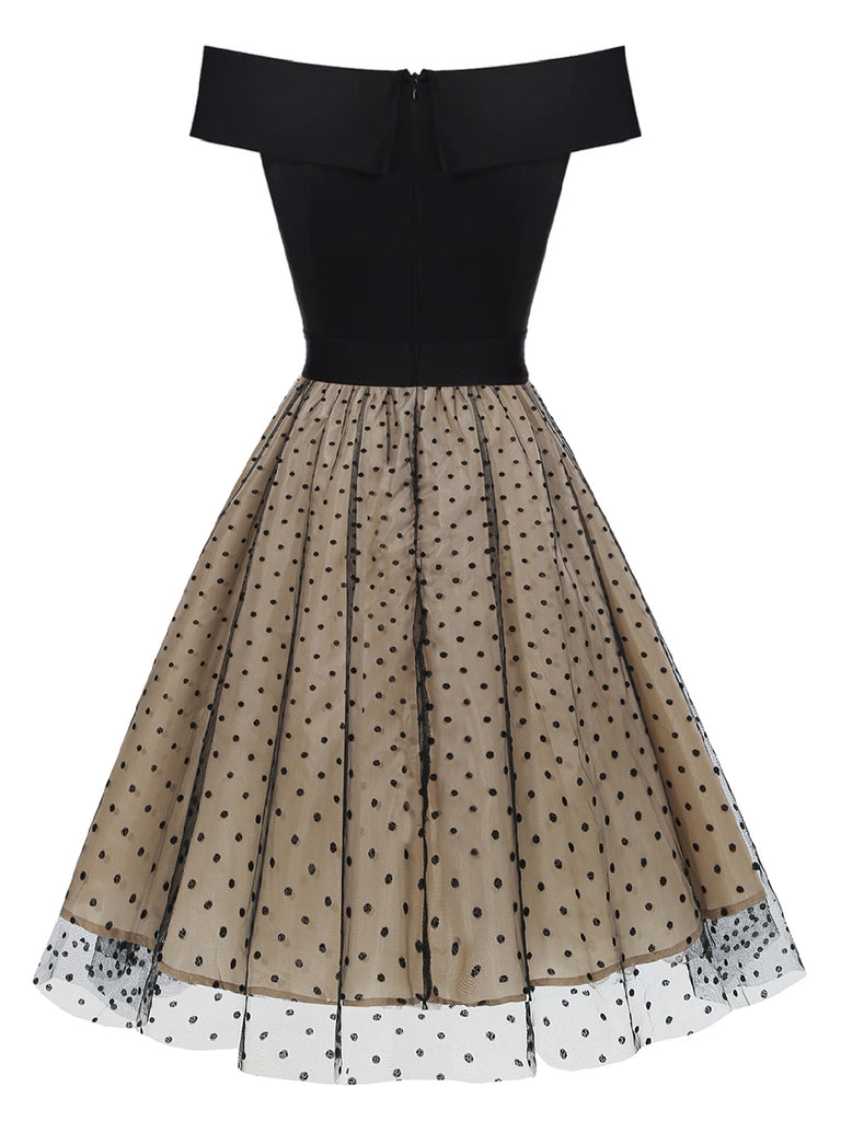 Black 1950s Polka Dot Off-shoulder Patchwork Dress