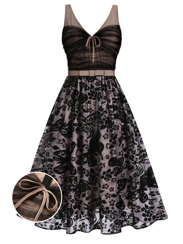 Black 1950s Butterfly Mesh Stitching Dress