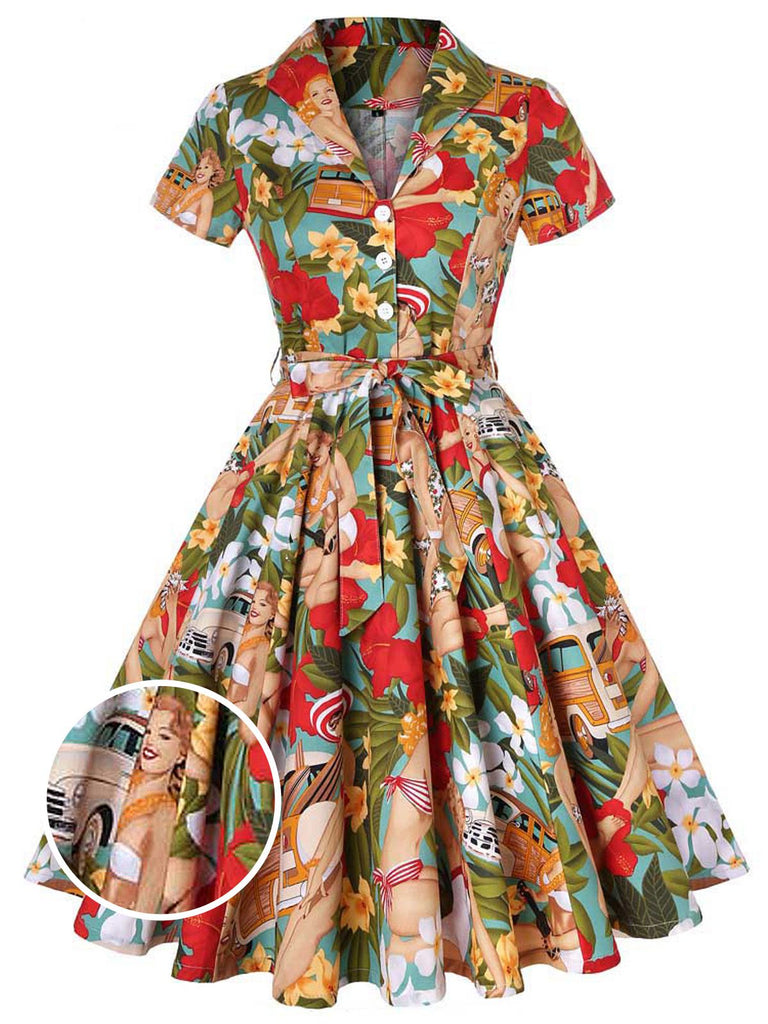 knee length dresses for ladies Retro Stage 1950s Retro Lady Print Swing Dress