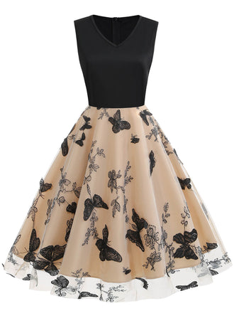 1950s Butterfly Embroidered Mesh Patchwork Dress: timeless style reimagined