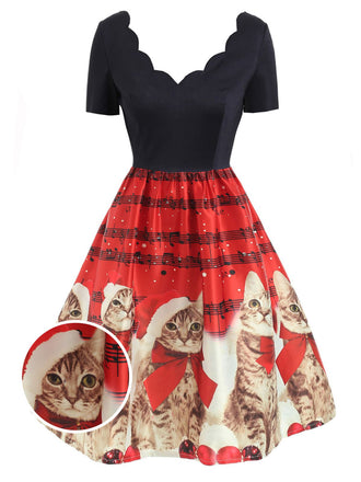 1950s Christmas Kitty Swing Dress, classic 1950s style elegant retro fashion - Image 1