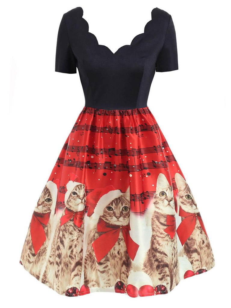 1950s Christmas Kitty Swing Dress, classic 1950s style elegant retro fashion - Image 2
