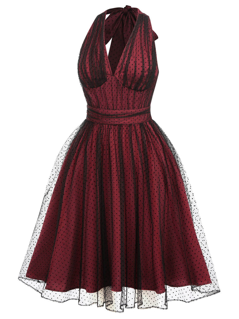Burgundy Black Polka Dot Tulle Valentine's Day Dress | Retro Stage Pin-Up Halter Neck Cocktail Dress Burgundy Black Polka Dot Tulle Valentine's Day Dress | Retro Stage Pin-Up Halter Neck Cocktail Dress