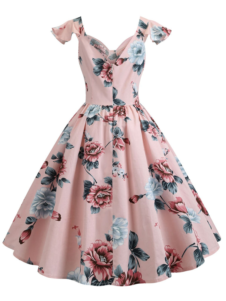 fitted lace wedding dress 1950s Floral Flare Sleeve Swing Dress