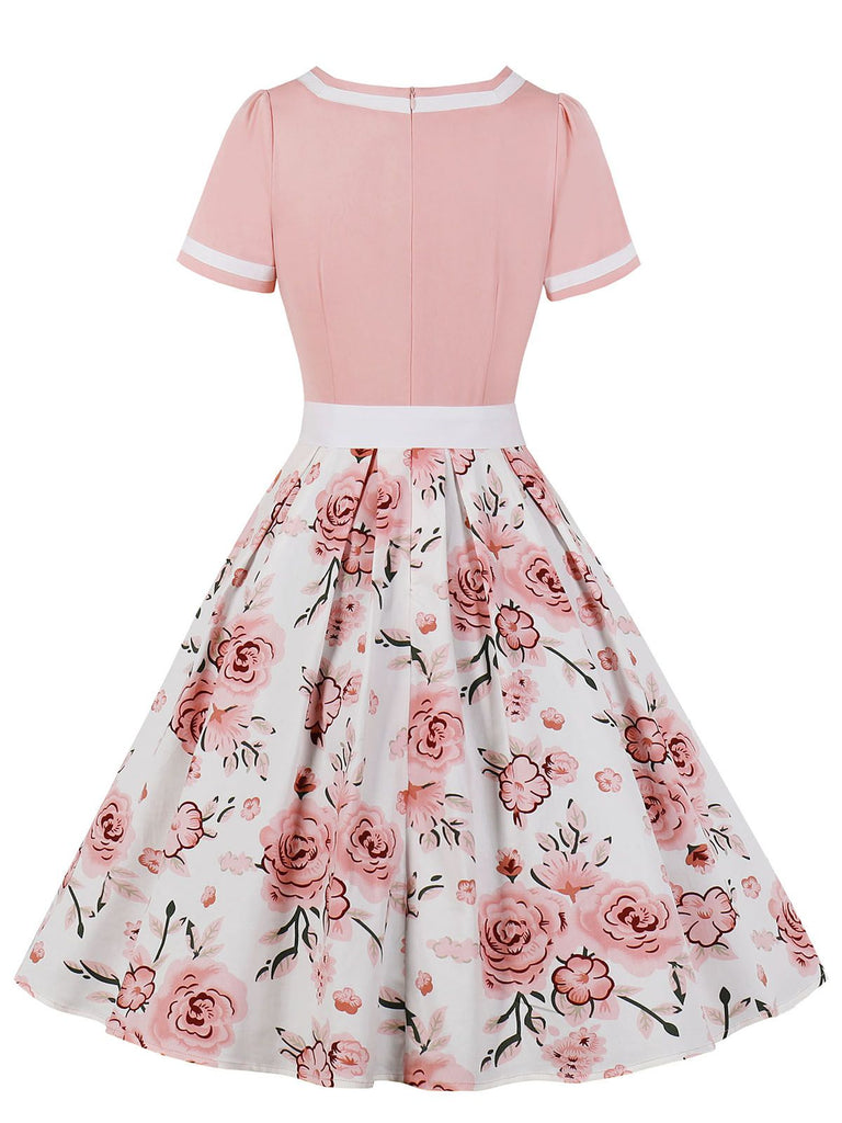 pink white floral dress Retro Vintage Women 1950s Rockabilly Swing Dress Pinup 50s Retro Floral A-Line Dresses