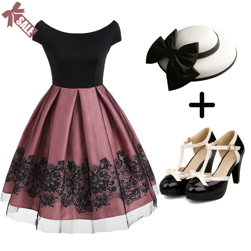 1950s Floral Print Off Shoulder Dress — 1950s elegance for the modern woman