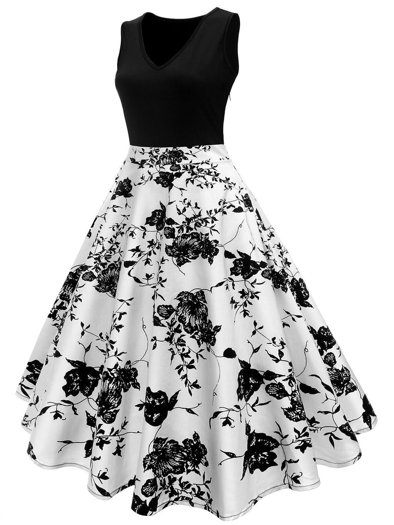 floral design dresses Black 1950s Floral Swing Dress