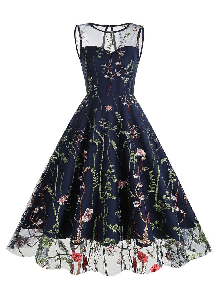 1950s Flower Gauze Sleeveless Swing Dress | Retro Stage 1950s Flower Gauze Sleeveless Swing Dress | Retro Stage