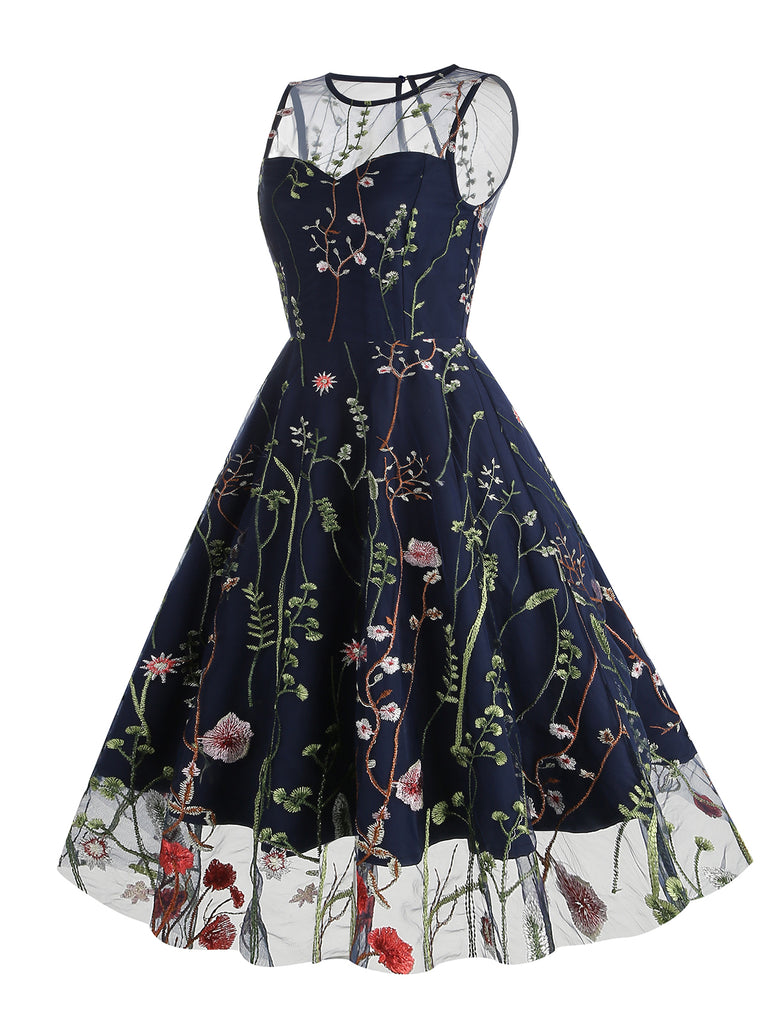 1950s Flower Gauze Sleeveless Swing Dress | Retro Stage 1950s Flower Gauze Sleeveless Swing Dress | Retro Stage