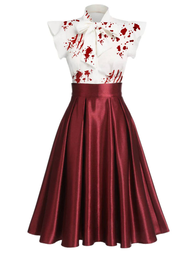 Halloween Blood Bowknot Patchwork Dress White & Wine Red Halloween Blood Bowknot Patchwork Dress White & Wine Red