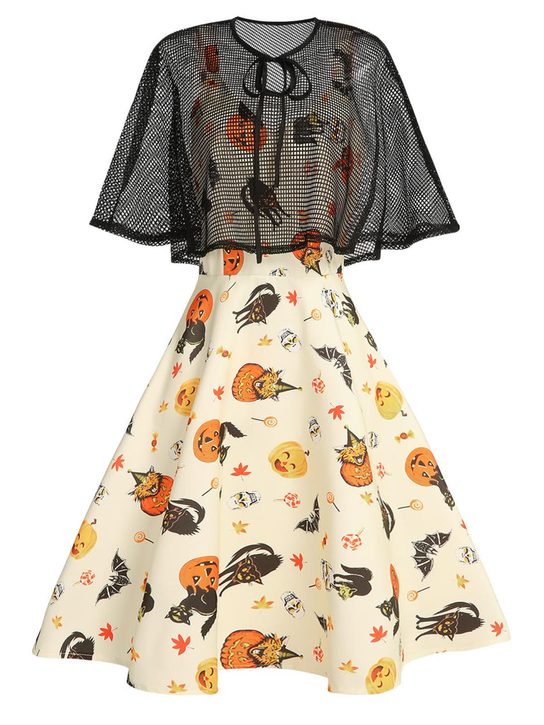 strapless open back dress Halloween Pumpkin Cap Swing Dress Beige,L