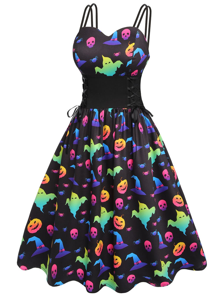 1950s Halloween Colorful Print Strap Dress, vintage dress, retro fashion, rockabilly, pin-up fashion - perfect for women who love vintage and retro fashion