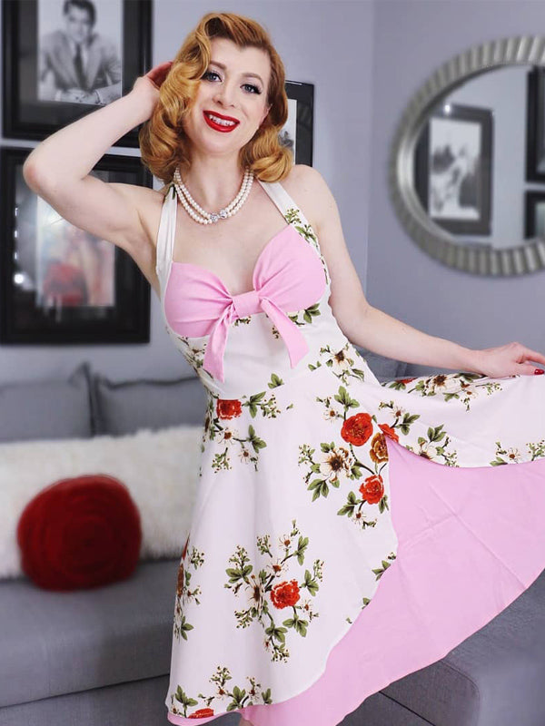 halter swing dress 1950s Floral go dressing. inv-32 Color:Ivory/Yellow M22025 Navy/ivory – Audrey