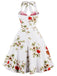 She wears 1950s Halter Floral Swing Dress with vintage grace
