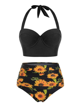 1950s Halter Sunflower Pleated Bikini Set: timeless style reimagined