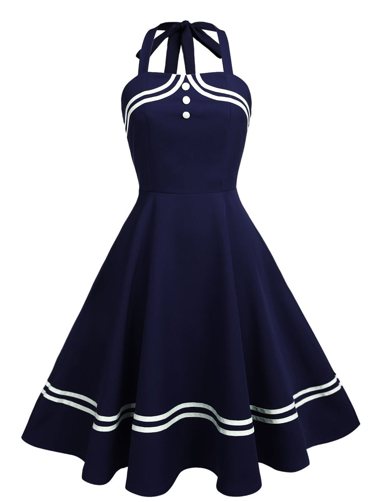Retro Stage Navy Blue 1950s Vintage Halter Swing Dress