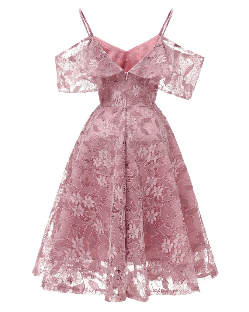 1950s Lace Cold Shoulder Ruffle Dress, classic 1950s style elegant retro fashion - Image 14