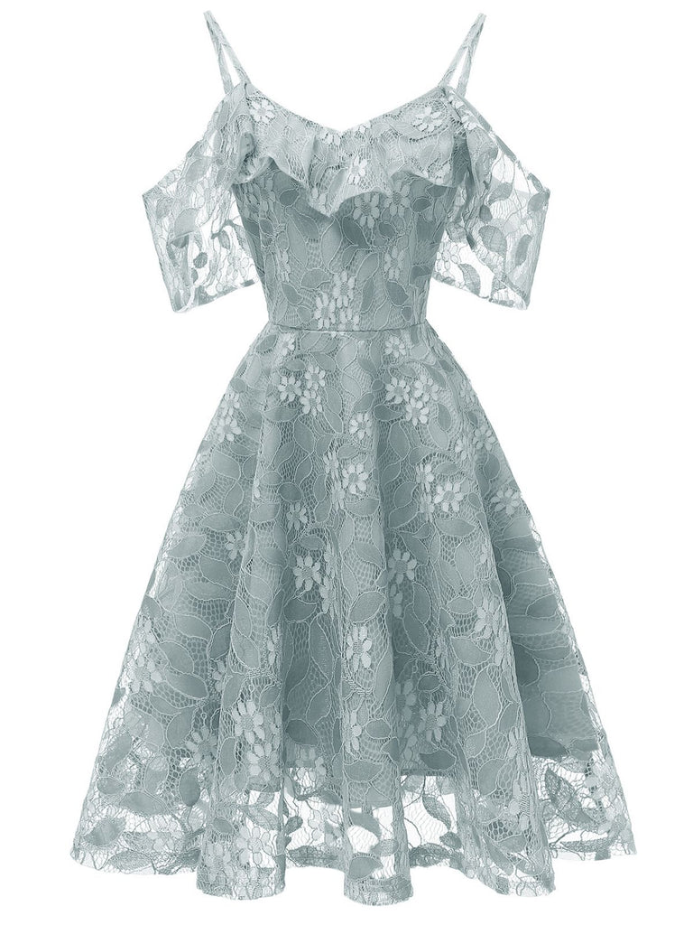 1950s Lace Cold Shoulder Ruffle Dress, classic 1950s style elegant retro fashion - Image 2