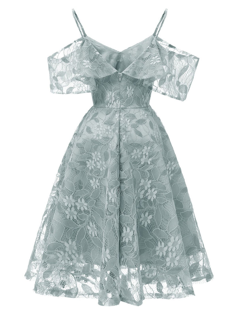 1950s Lace Cold Shoulder Ruffle Dress, classic 1950s style elegant retro fashion - Image 4