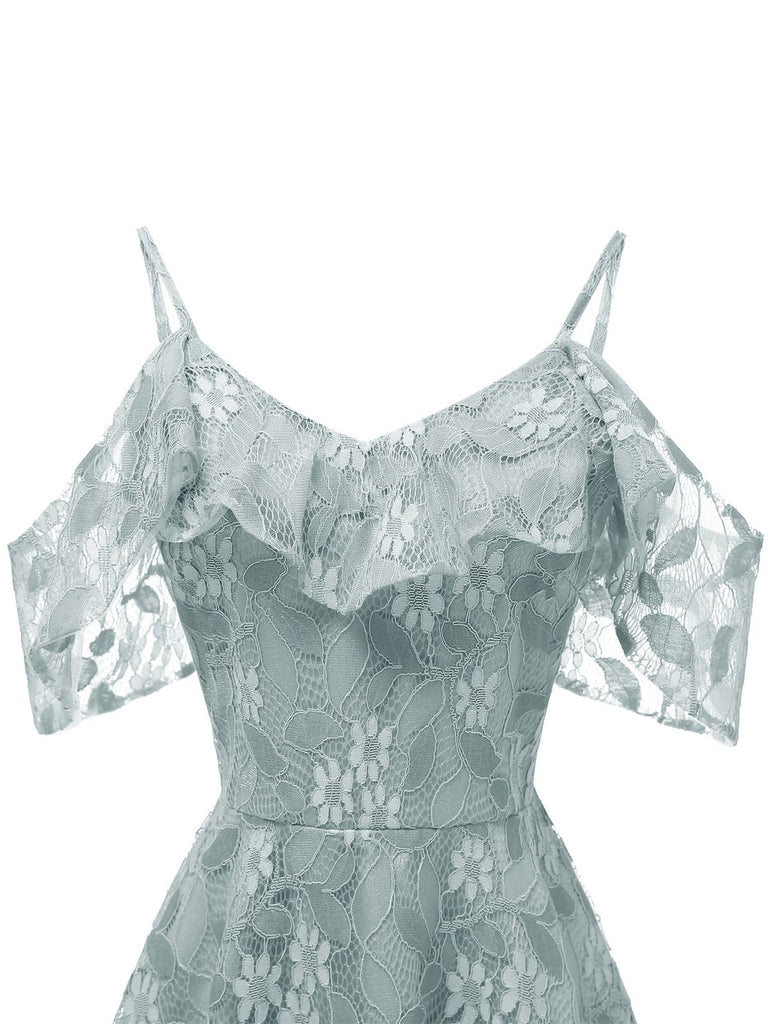 1950s Lace Cold Shoulder Ruffle Dress, classic 1950s style elegant retro fashion - Image 5