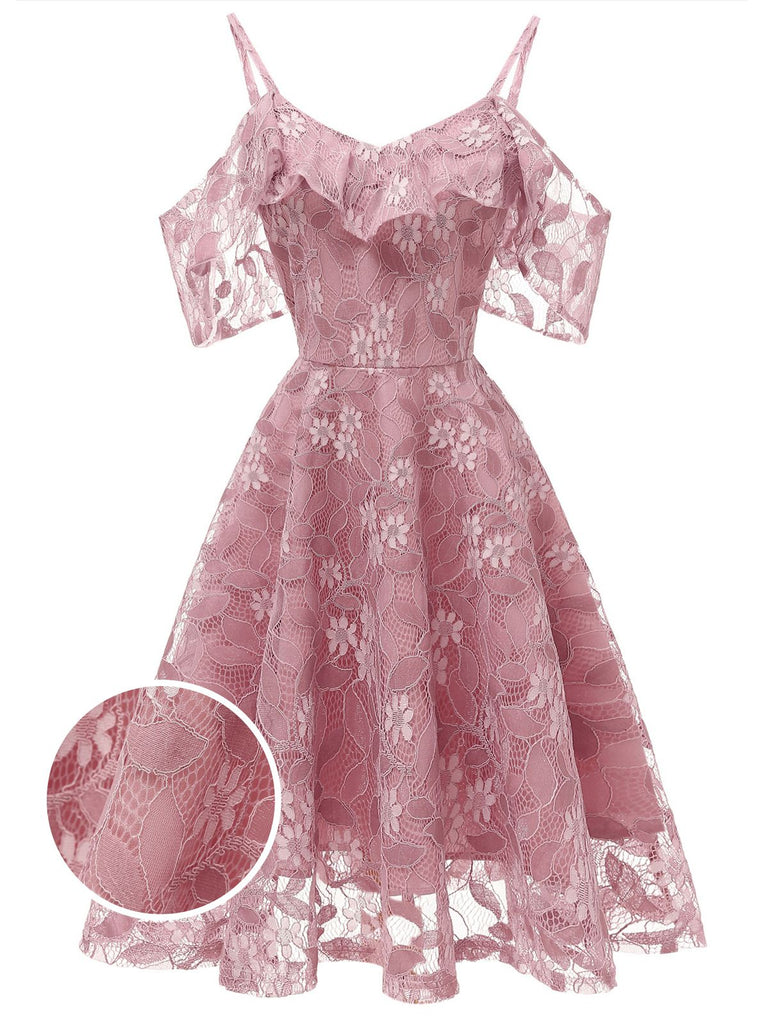 1950s Lace Cold Shoulder Ruffle Dress, classic 1950s style elegant retro fashion - Image 7