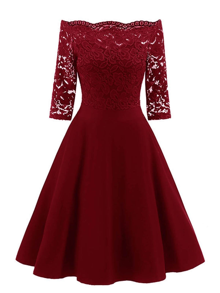 red lace off the shoulder dress 1950s Lace Off Shoulder Dress