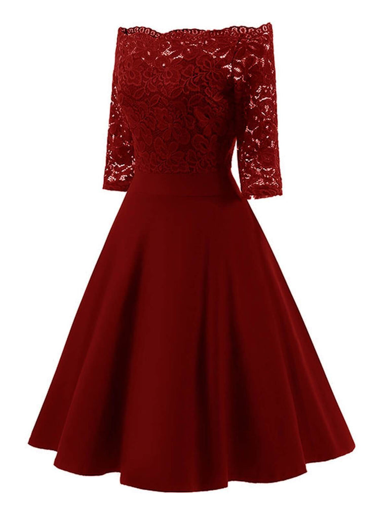 A-Line Cocktail Dress Off-the-Shoulder 3/4 Sleeve Lace Dress Burgundy 2026 A-Line Cocktail Dress Off-the-Shoulder 3/4 Sleeve Lace Dress Burgundy 2026