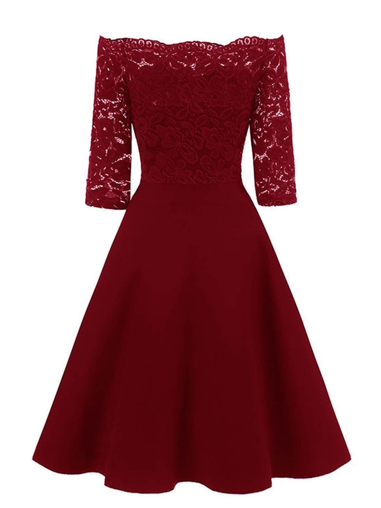 A-Line Cocktail Dress Off-the-Shoulder 3/4 Sleeve Lace Dress Burgundy 2026 A-Line Cocktail Dress Off-the-Shoulder 3/4 Sleeve Lace Dress Burgundy 2026