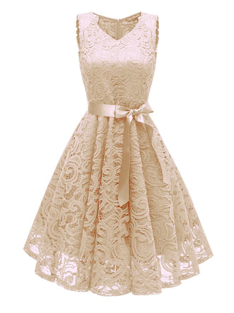 1950s Lace V Neck Bow Dress, classic 1950s style elegant retro fashion - Image 1