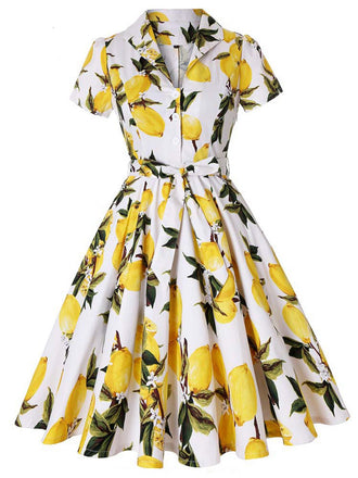 1950s Lemon Bow Swing Dress, classic 1950s style elegant retro fashion - Image 1