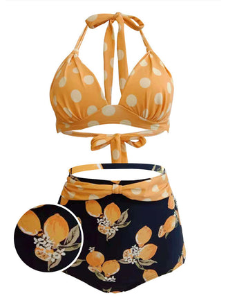 1950s Lemon Polka Dot Halter Bikini: timeless style reimagined