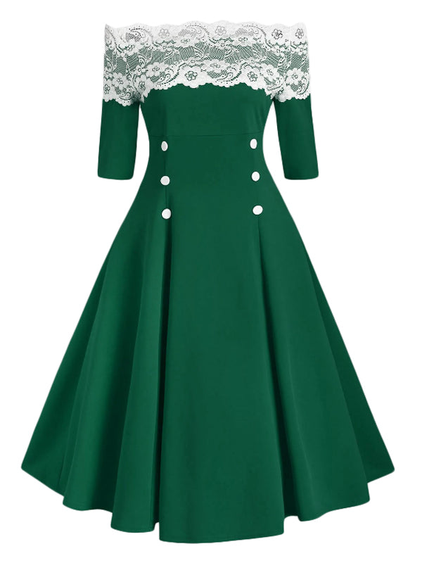 button off the shoulder dress 1950s Off Shoulder Button Embellished Dress