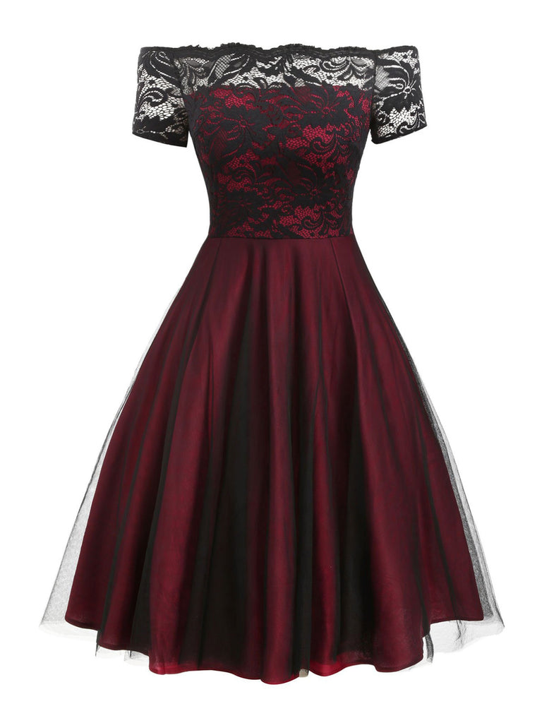 Vintage A-Line Cocktail Dress Lace Off Shoulder Dress Wine Red,XXL Vintage A-Line Cocktail Dress Lace Off Shoulder Dress Wine Red,XXL