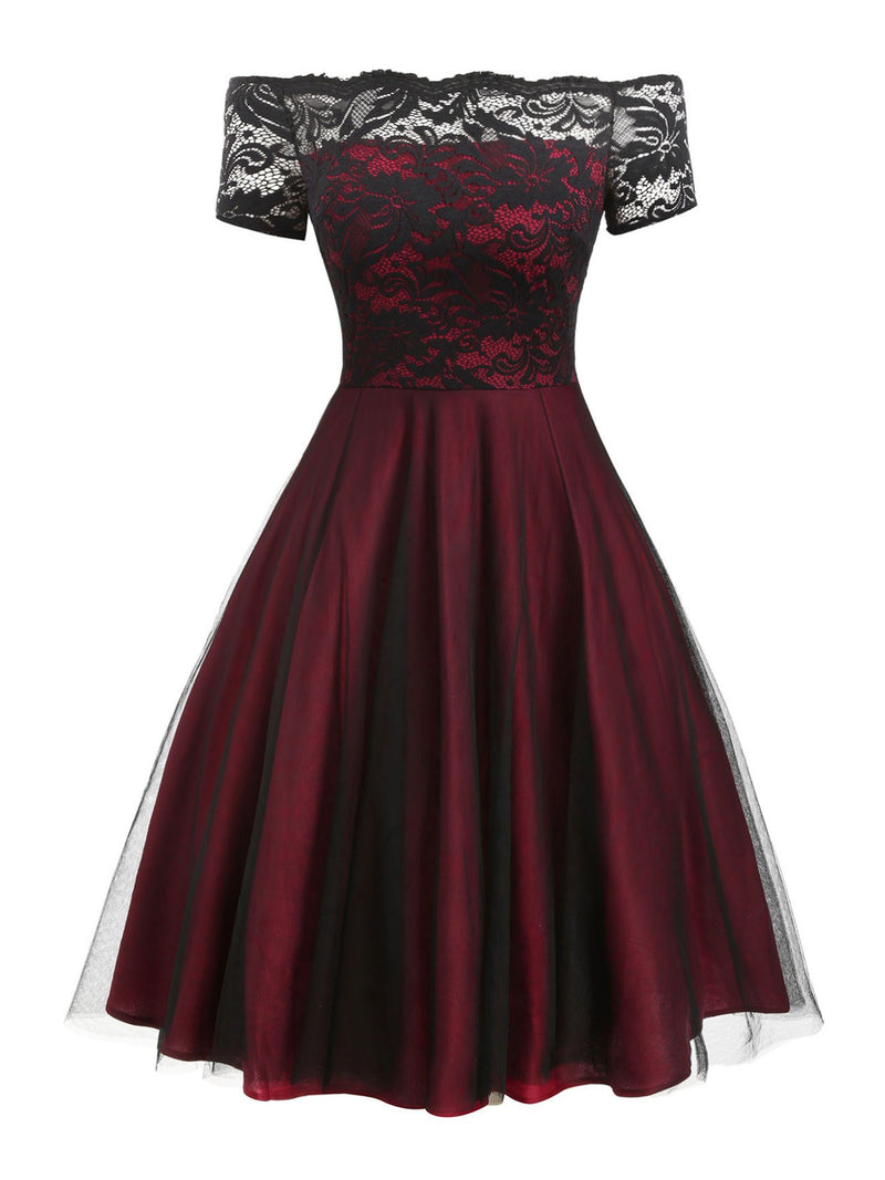 Vintage A-Line Cocktail Dress Lace Off Shoulder Dress Wine Red,XXL Vintage A-Line Cocktail Dress Lace Off Shoulder Dress Wine Red,XXL